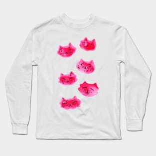 Red Watercolor Kitty Faces Long Sleeve T-Shirt